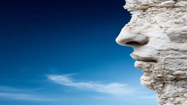 Stone face profile against blue sky background