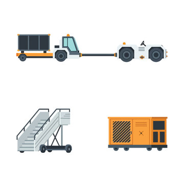 Airport Ground Support Equipment Set with Pushback Tractor Luggage Trailer Boarding Stairs and Power Generator Illustration