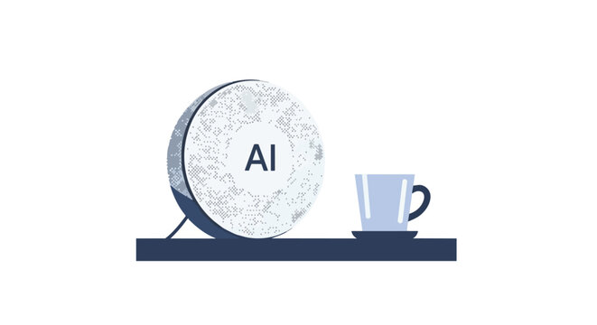 Artificial Intelligence Smart Speaker and Coffee Cup on Modern Shelf Minimalist Illustration