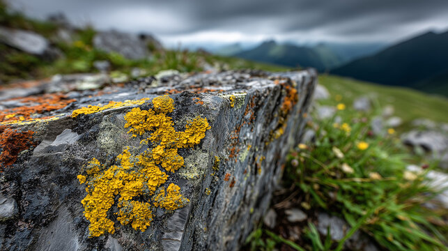 Close up of lichen texture on stone in mountains