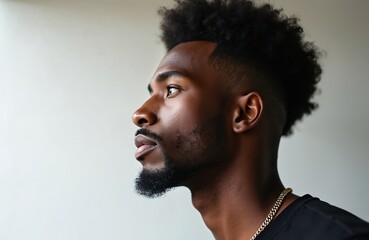 Obraz premium Young african american man profile close-up. Confident guy with beard and stylish haircut looking ahead. Modern male portrait, looking away, space for text.