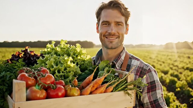 Farmer proudly holding a crate of fresh organic vegetables at sunset in a field.