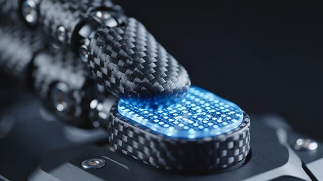 Closeup of robotic hand with carbon fiber texture perfect for UI/UX elements and digital motion graphics