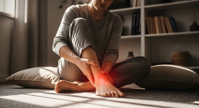 Young woman suffering from ankle pain, sitting on floor at home. Red spot indicates injury or discomfort. Healthcare and wellness.