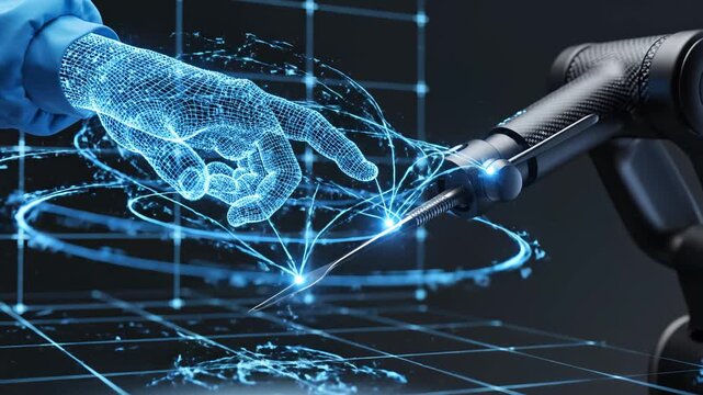 Human hand and robotic arm interaction perfect for IT presentations and tech marketing