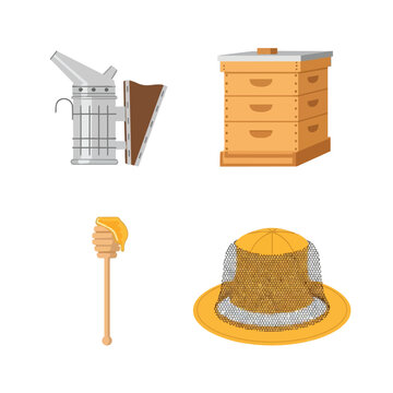 Professional Beekeeping Equipment Set Illustration Including Beehive Smoker Honey Dipper and Protective Hat with Veil