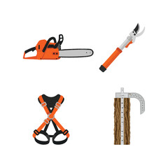 Naklejka premium Professional forestry and arborist equipment set with chainsaw lopper safety harness and wood caliper measurement tools illustration