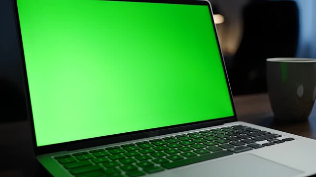 Laptop with Green Screen on a Desk at Night.