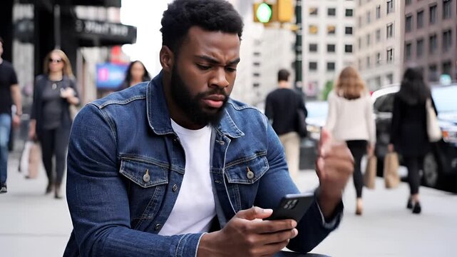 Man Reacts to Phone News on Busy City Street.