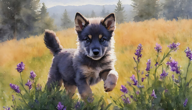 wolf puppy dark fur and lavender
