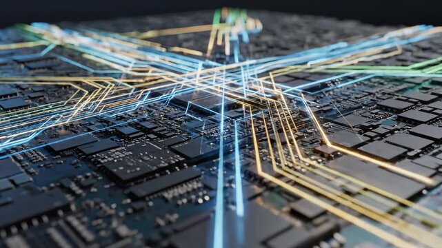 Closeup view of a circuit board with glowing lines representing smart infrastructure and data-driven solutions