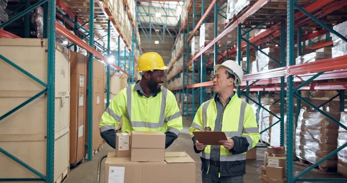 Logistics, high five and men in storage warehouse, teamwork and complete task for celebration. Success, collaboration and happy workers in factory for inspection, export check or inventory management