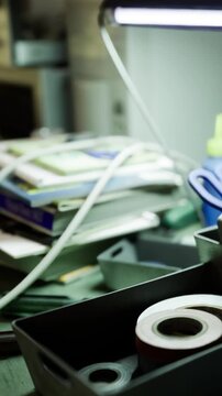 Many tools and supplies are scattered on a work desk. A bright lamp shines on the surface, illuminating items like papers, scissors, and other materials in a dim environment.