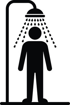 minimalist black vector icon of a standing person under a showerhead with water droplets spraying down
