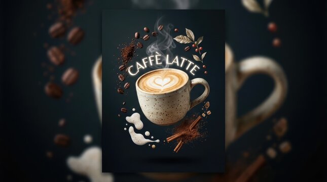 Delicious Caffe Latte Art in a White Ceramic Mug with Coffee Beans.