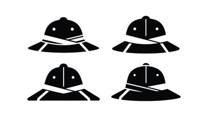 Fototapeta premium Set of pith helmet safari hat icons in silhouette style with explorer adventure silhouette headwear
