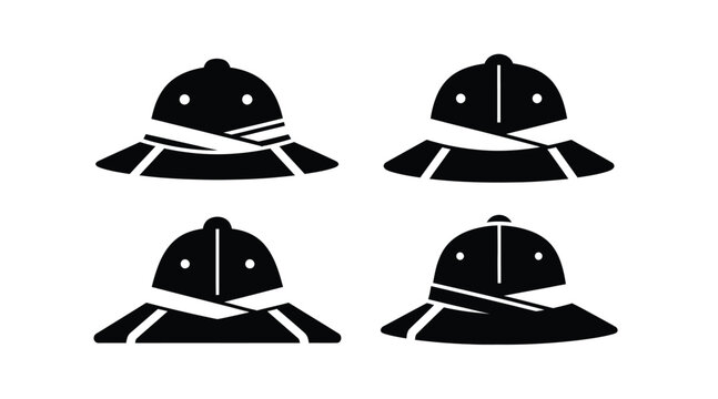 Set of pith helmet safari hat icons in silhouette style with explorer adventure silhouette headwear