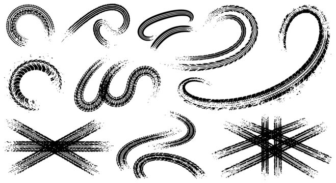 Tire tread marks after skidding, launch, drift, powerslide in motorsport, rally, off-road, motocross. Wheel texture with splash effect. Vector, transparent background SVG version.