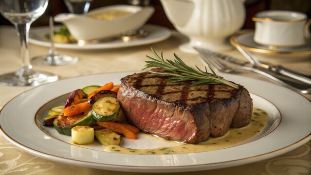 Medium Rare Sirloin Steak with Rosemary and Vegetables