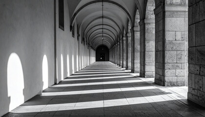 Fototapeta premium Monochromatic Hallway: An endless, arching hallway casts dramatic shadows from the strong sunlight, creating a striking geometric pattern within the ancient stone architecture.