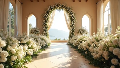 Fototapeta premium White floral archway decorated aisle indoors. Rich green plants bouquets line pathway leading to ocean view. Elegant setting for wedding ceremony, bridal celebration.