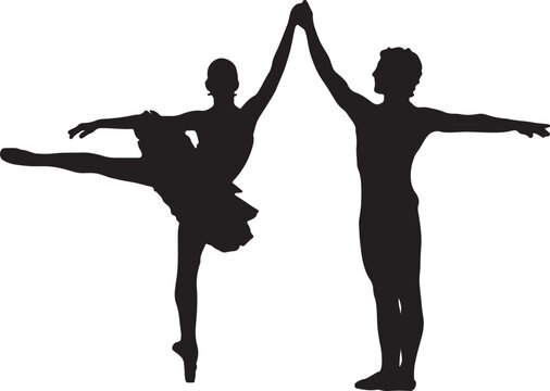 Black silhouette vector icon of a ballet couple performing a graceful pas de deux dance pose isolated on white background