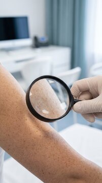 Doctor in gloves uses magnifying glass to check freckles on patient arm. Professional clinical atmosphere for skin health monitoring. Ideal for medical or dermatology content.