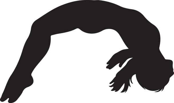 Black silhouette vector icon of a female gymnast performing a backflip tumbling move mid air isolated on white background