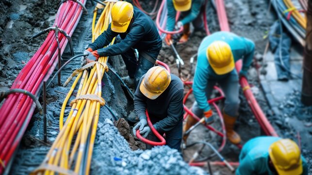 Workers installing cables in trench