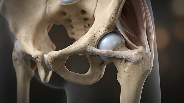 Ultra realistic 3D render of a human hip ball and socket joint highly detailed anatomical structure realistic pelvic bone femur head cartilage ligaments tendons and muscle connections medical grade vi