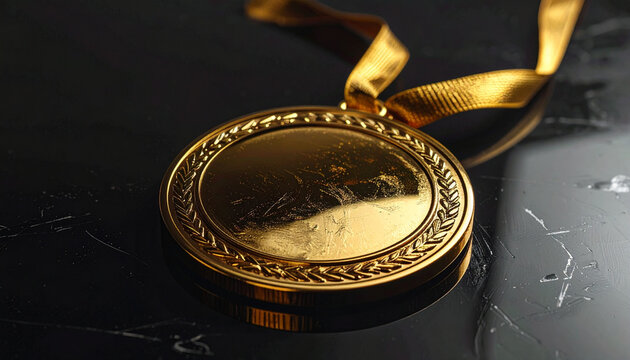 Close up of a gold medal on a black reflective surface