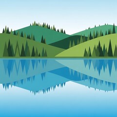 Fototapeta premium Serene green landscape with lush forest and lake.