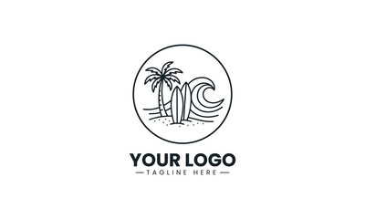 Fototapeta premium A retro surfboard emblem is combined with a curling ocean wave tropical