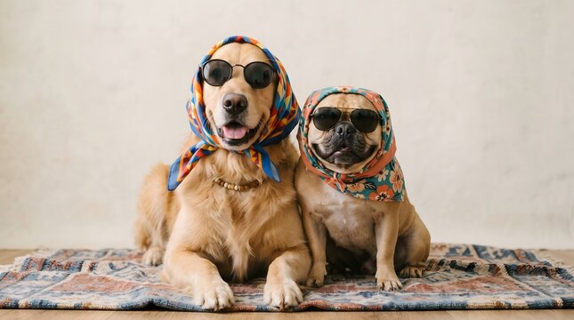Two adorable dogs, a Golden Retriever and a Pug, dressed up in scarves and sunglasses for a fashion photoshoot