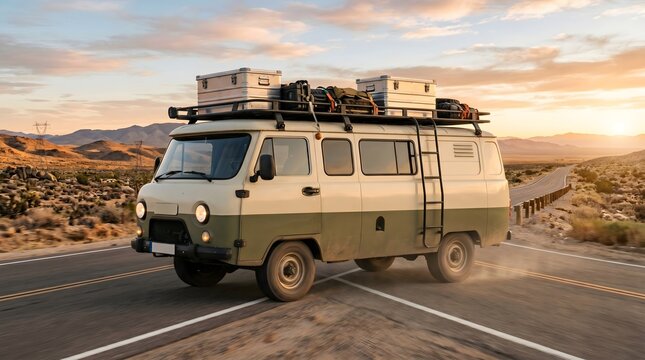 Vintage expedition van drives along a scenic desert highway at golden hour, embarking on an epic road trip adventure through rugged landscapes