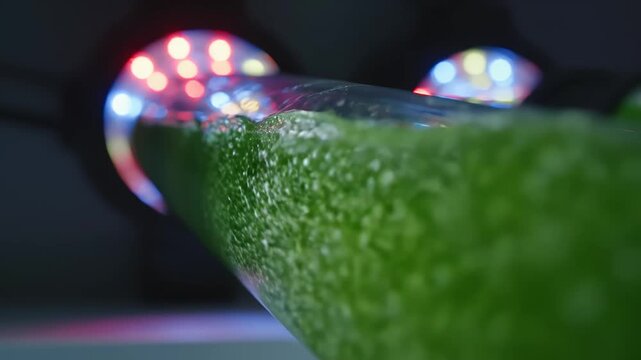 Green Algae in Test Tube with Colored Lights highlighting vibrant colors and contemporary design