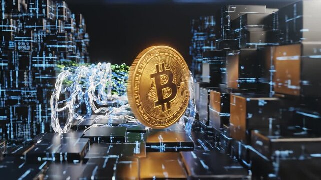 Golden coin with digital chain and blocks representing smart infrastructure and data-driven solutions