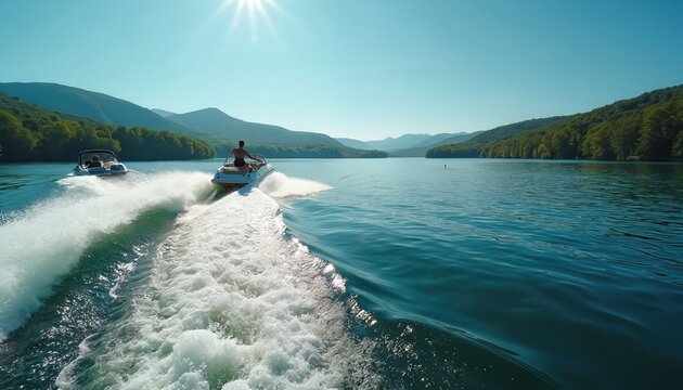Man speeds on jet ski leaving white foamy trail on blue lake water. Another boat follows creating waves. Rich green forested hills surround calm water under clear sky and bright sun.