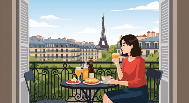 Vector illustration of a woman sitting on a Parisian balcony having brunch with orange juice and fruit, featuring a background view of the Eiffel Tower and city rooftops in France.