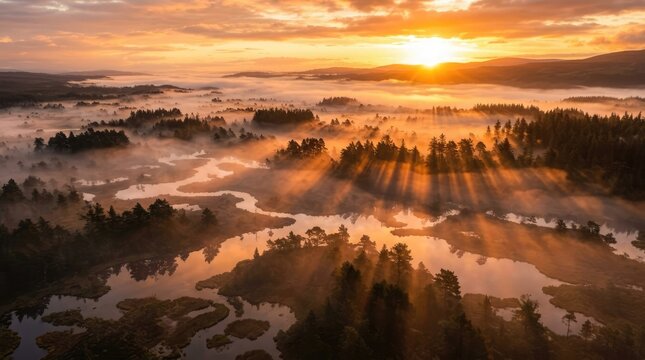 Aerial drone captures serene bog wetland at sunrise with misty atmosphere and sun rays shining through trees.