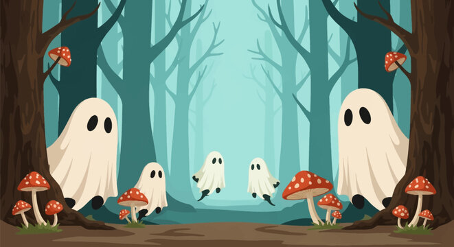 Vector illustration of a group of friendly white sheet ghosts floating in a dark mystical forest filled with red fly agaric mushrooms and bare trees under a teal foggy sky.