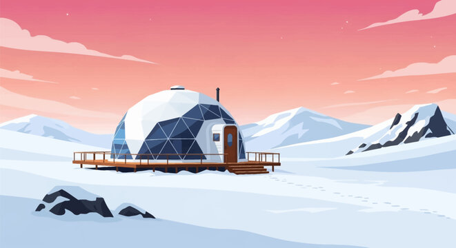 Vector illustration of a white geodesic dome cabin on a wooden deck in a snowy arctic mountain landscape under a pink sunset sky with footprints leading to the entrance.