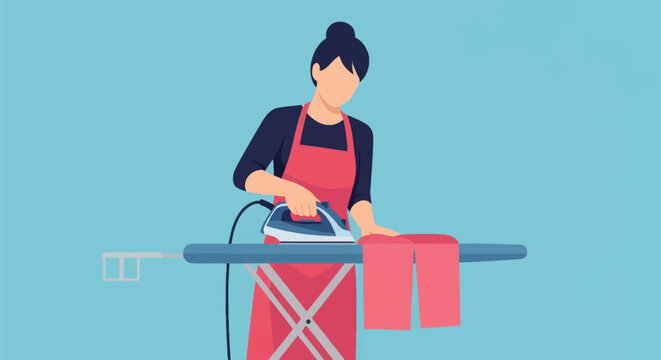 Flat vector illustration of a faceless woman with dark hair in a bun wearing a red apron and black shirt, ironing red trousers on a blue ironing board against a solid light blue background.