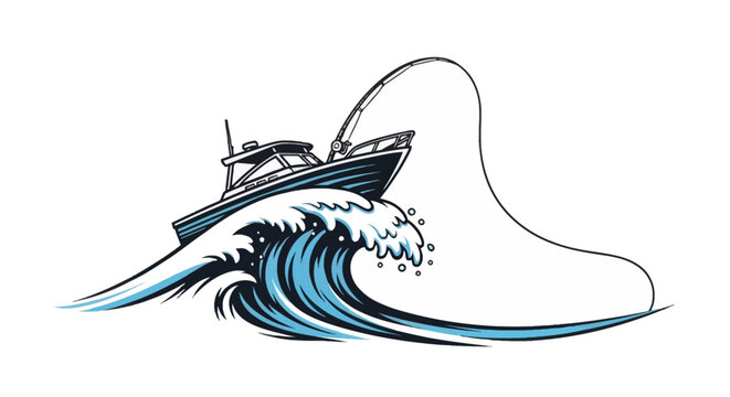 Sport fishing boat with a bent fishing rod and casting line riding atop a large stylized blue ocean wave, isolated vector illustration on a white background for nautical design.
