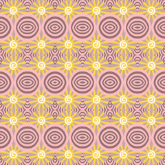 Fototapeta premium Retro style seamless geometric pattern with circular, spiral and symmetrical star shaped elements