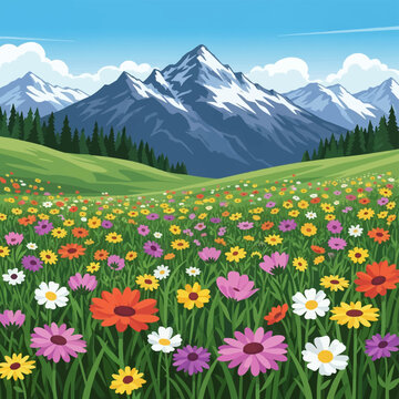 Vibrant vector illustration of a mountain meadow filled with colorful wildflowers, green grassy hills, pine tree forests, and snow-capped peaks set against a blue sky with white clouds.