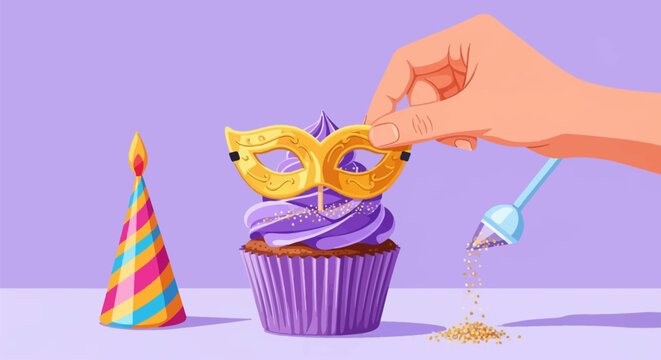 Vector illustration of a hand placing a golden masquerade mask decoration onto a purple cupcake with frosting, featuring a striped party hat and gold glitter on a purple background.
