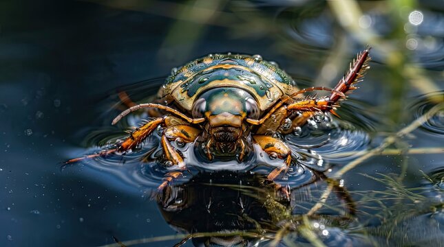 Extreme close up macro shot of a large colorful aquatic diving beetle with iridescent blue and green markings on its carapace emerging from dark rippling water with dew drops and reflected green
