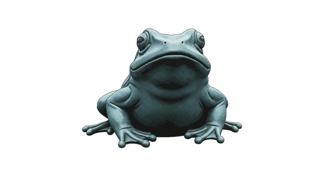 A front-facing illustration of a teal stone frog statue isolated on a white background, featuring realistic rock textures, large eyes, and webbed feet in a sitting posture.