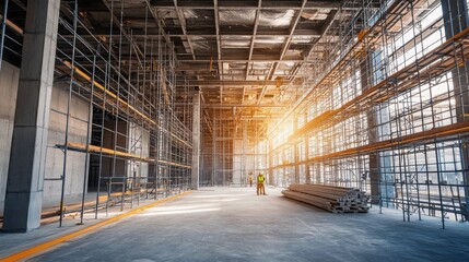 Fototapeta premium Abandoned warehouse interior with scaffolding and nobody